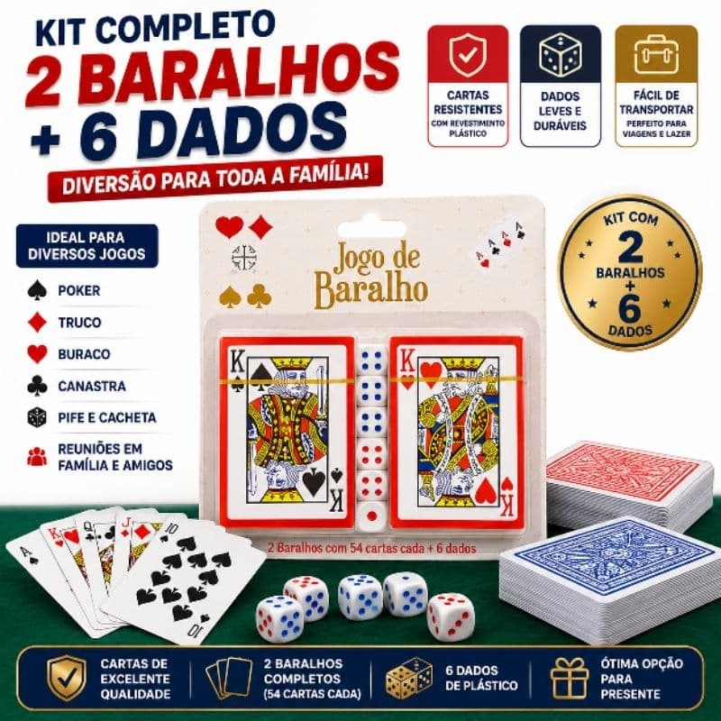 Kit 2 Baralhos + 6 Dados Poker Truco Buraco Canastra Pife Cacheta Jogo de Cartas Completo Lazer Viagem