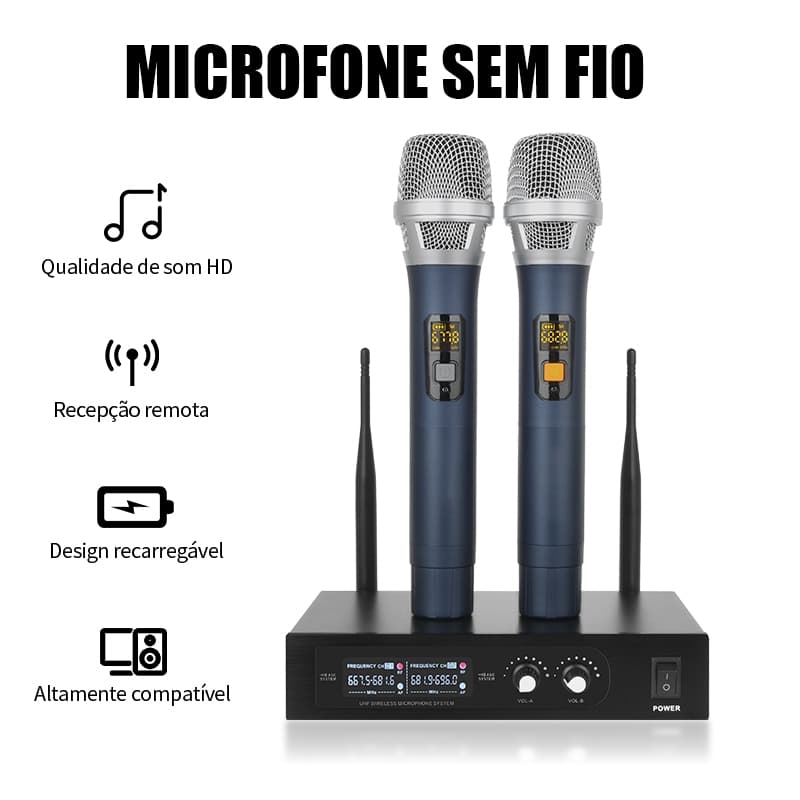 Kit 2 Microfones Sem Fio UHF KU-206, Recarregáveis, Alcance 100m para Karaokê e Eventos