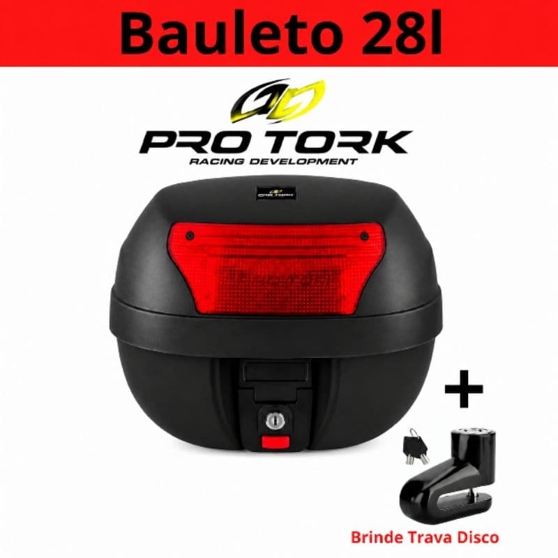 Baú Moto 28L Pro Tork Smart Box C/Base Universal Kit Fixação Caixa Reforçada + Brinde Trava Disco