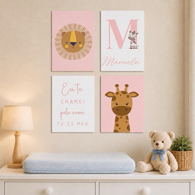 Kit 4 Quadros MDF Infantil A4 Decorativo Quarto Bebê Criança Personalizado Decoração SAFARI ROSA