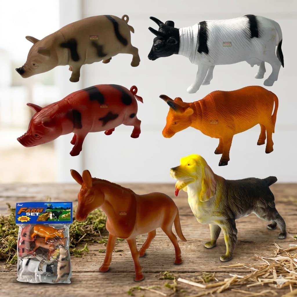 Kit 6 Miniaturas Animais da Fazenda Borracha Hipoalergênica Brinquedo Infantil