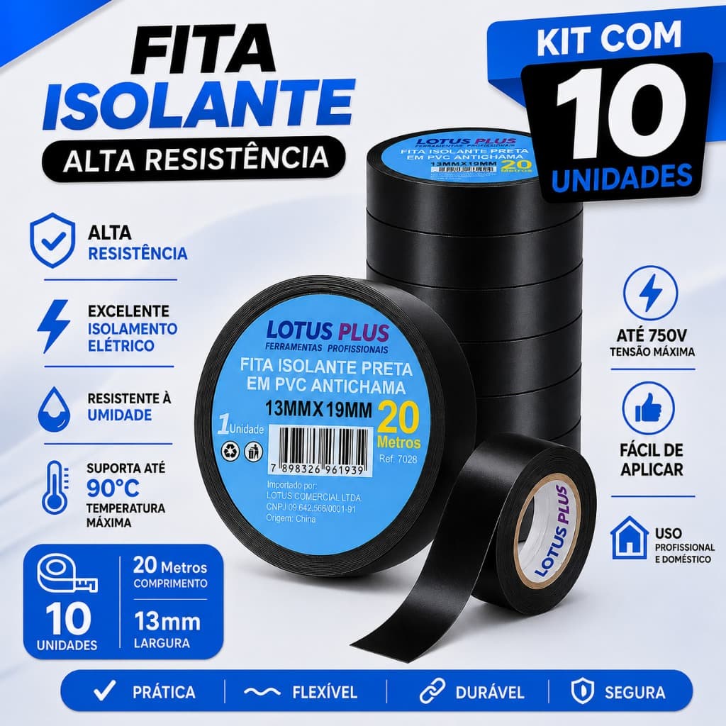 Kit 10 Unidades De Fita Isolante Preta 20 Metros Alta Resistência - Lotus