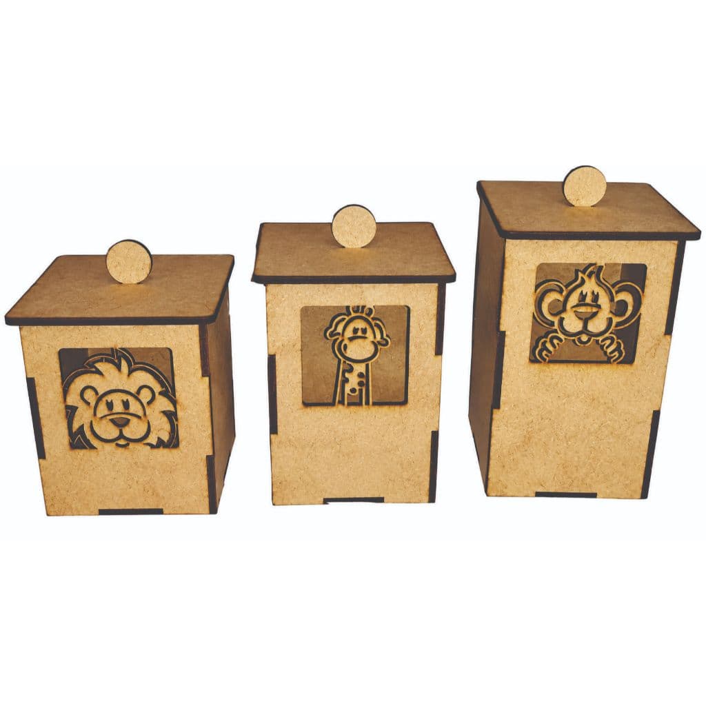 Trio de Potes do Safari 3 Tamanhos Kit Higiene Bebê MDF Crú Potes Para Quarto do Bebê