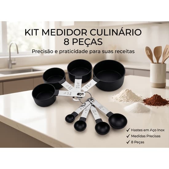 Kit Medidor Culinário 8 Peças Copos e Colheres Medidoras Inox Confeitaria Cozinha