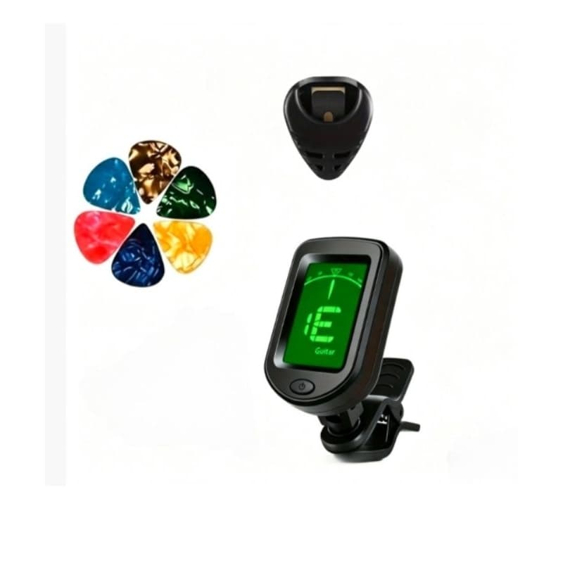 Afinador Digital Cromático de Clipe LCD para Violão Guitarra Baixo Ukulele Violino 360° + suporte de palhetas e palhetas