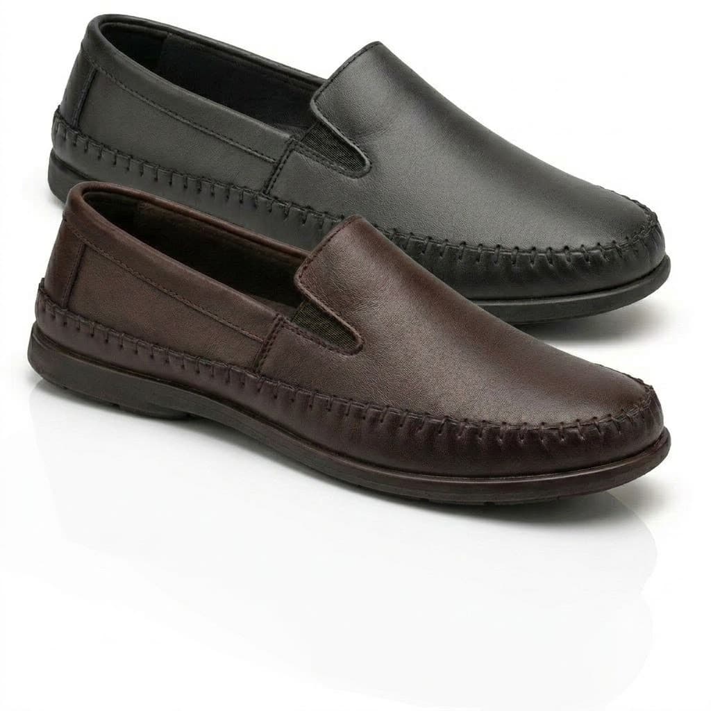 KIT COM 2 PARES-Mocassim Masculino de Couro Ecológico e Confortável – Sapato Casual Elegante e Leve - Café e Preto