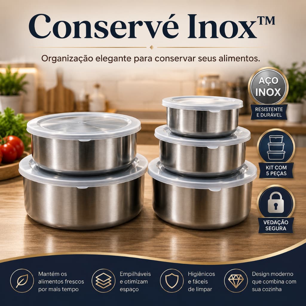 Kit 5 Potes Herméticos Redondos Inox com Tampa Vedação para Alimentos Marmita 250ml a 1200m