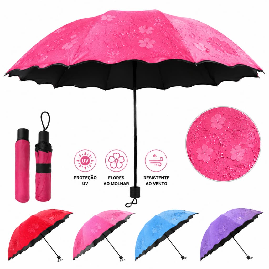 Guarda-chuva dobrável mágico flores ao molhar, modelo reforçado, protege contra chuva e raios UV para sol e chuva