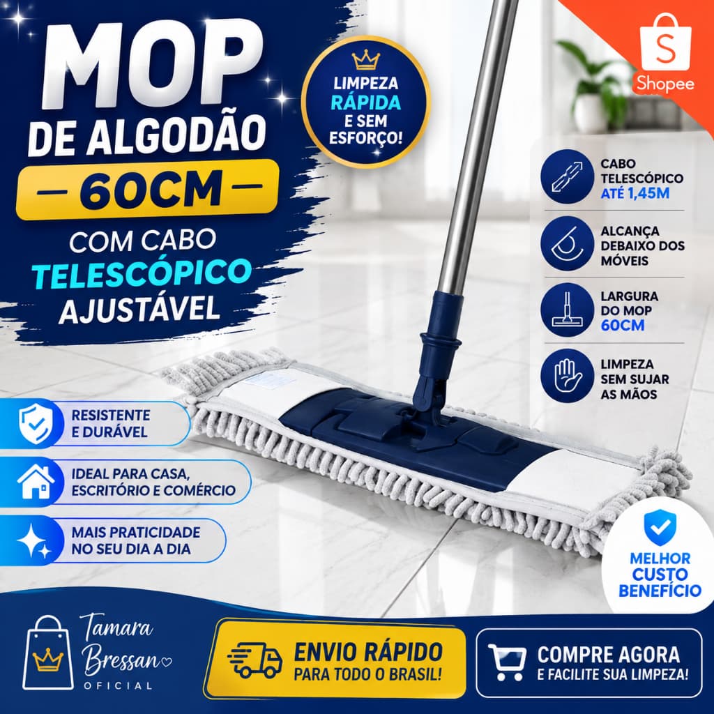 Mop de Algodão 60cm com Cabo Telescópico Ajustável Limpeza Profissional Azul