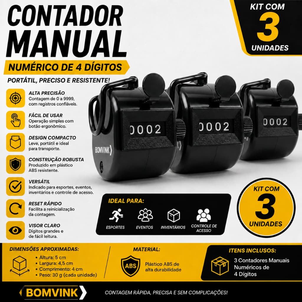 Kit 3 Contador Manual Numérico 4 Dígitos | Contador de Pessoas, Eventos, Estoque e Inventário