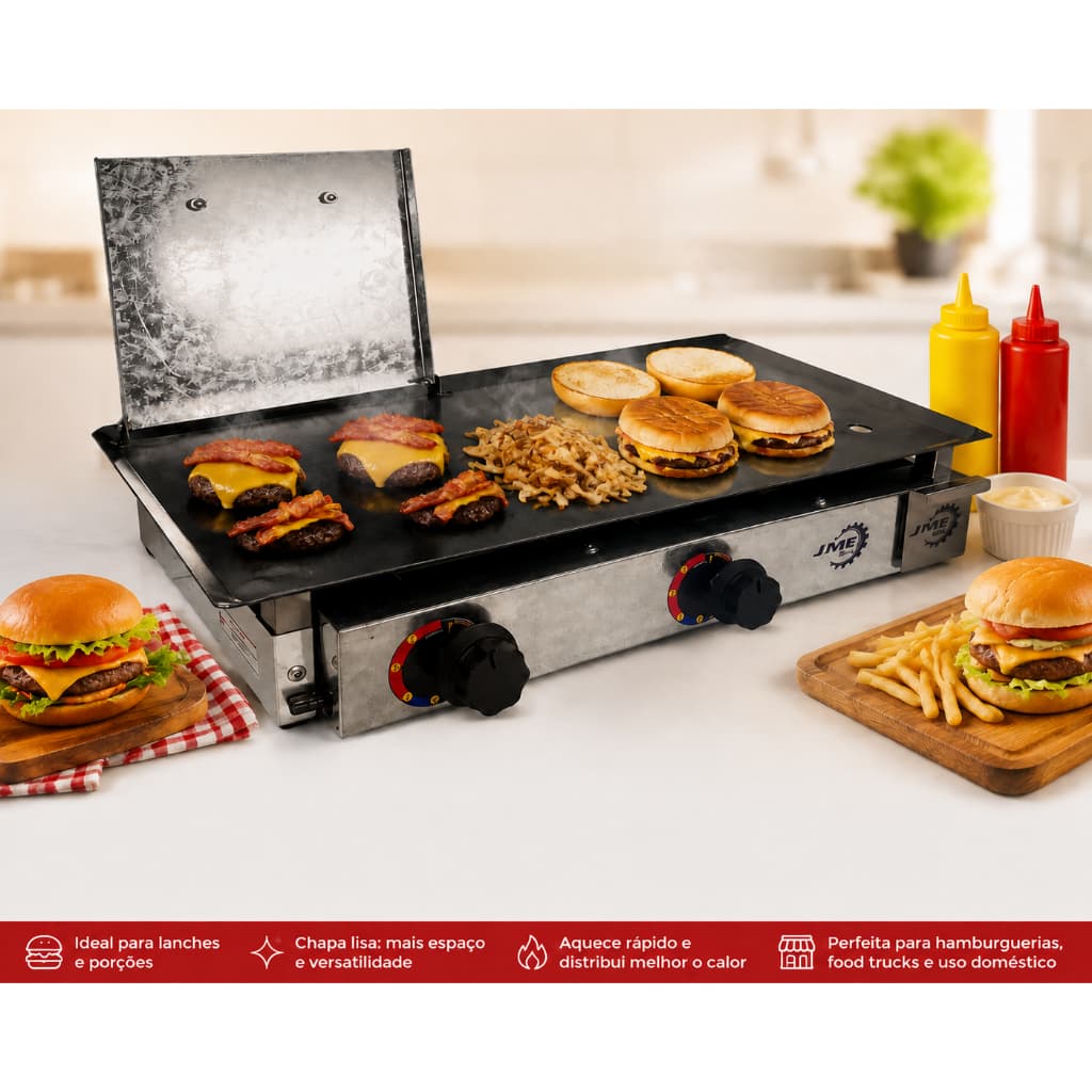 Chapa Chapeira De Lanche 60x30 Para Lanches Porções Com Prensa a Gas