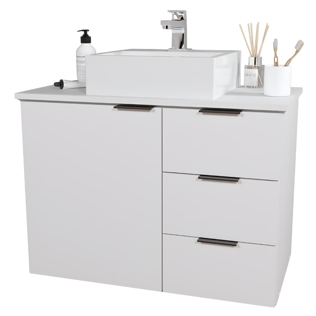 Balcão Móvel Gabinete 70cm MDF Para Banheiro Com Tampo & Cuba - Gavetas Lado Direito do Móvel Com Fundo
