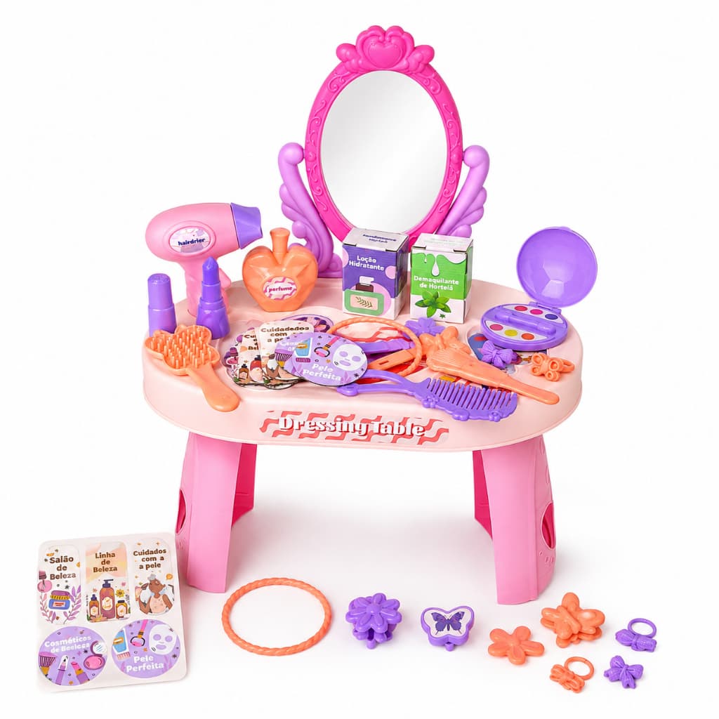Penteadeira Infantil Salão de Beleza com Espelho e Acessórios Kit 31 Peças +3 Anos