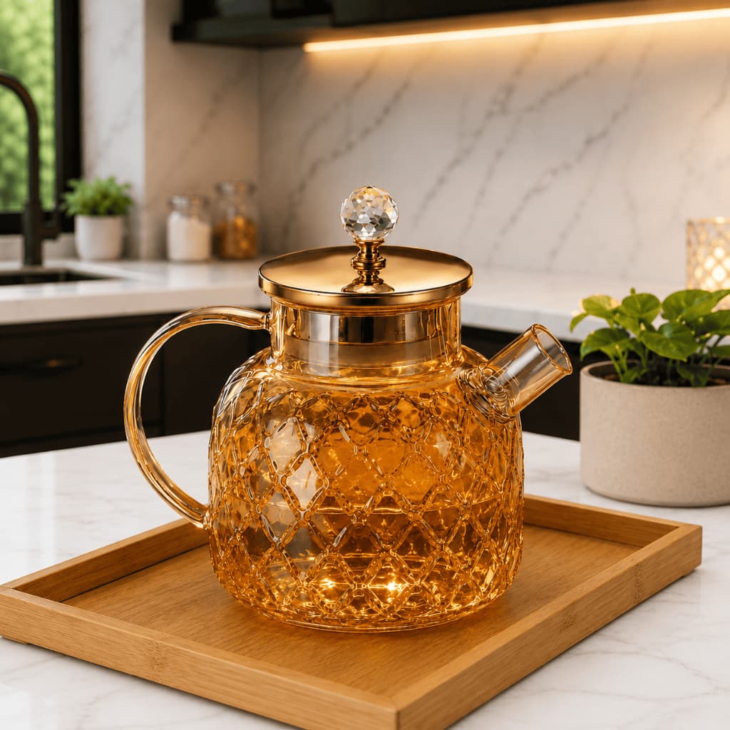 Chaleira Bule De Vidro Borossilicato 1L Âmbar Com Infusor Aço Inox Para Fogão ENVIO IMEDIATO