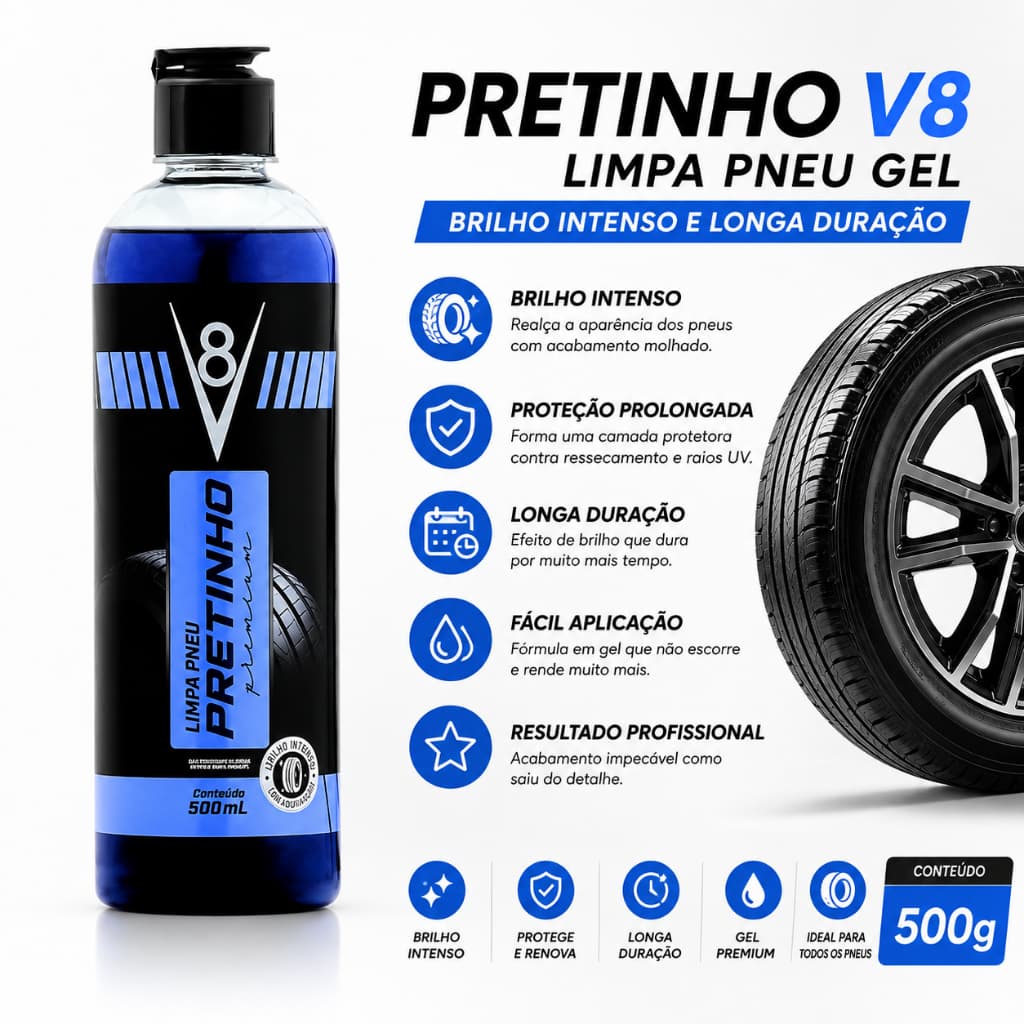 Pretinho V8 500g Limpa Pneu Gel Brilho Intenso Longa Duração Resultado Profissional
