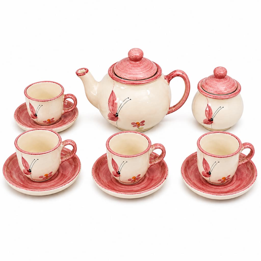 Kit Café Borboleta em Cerâmica Bule 5 Xícaras 90ml com Pires + Açucareiro Decorado