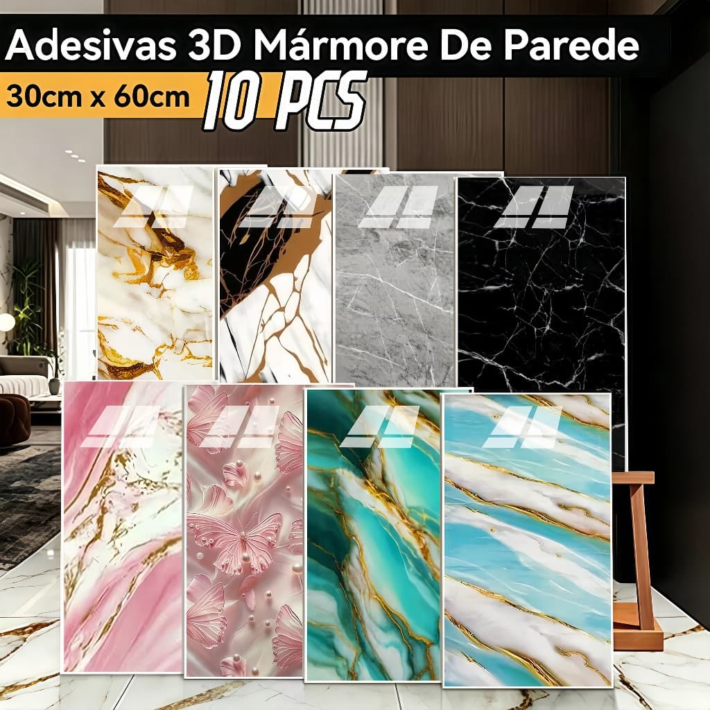 KIT 10 PÇS Placas de PVC Adesiva Marmore Parede/Piso 60x30CM Autocolante Lavável Multiuso
