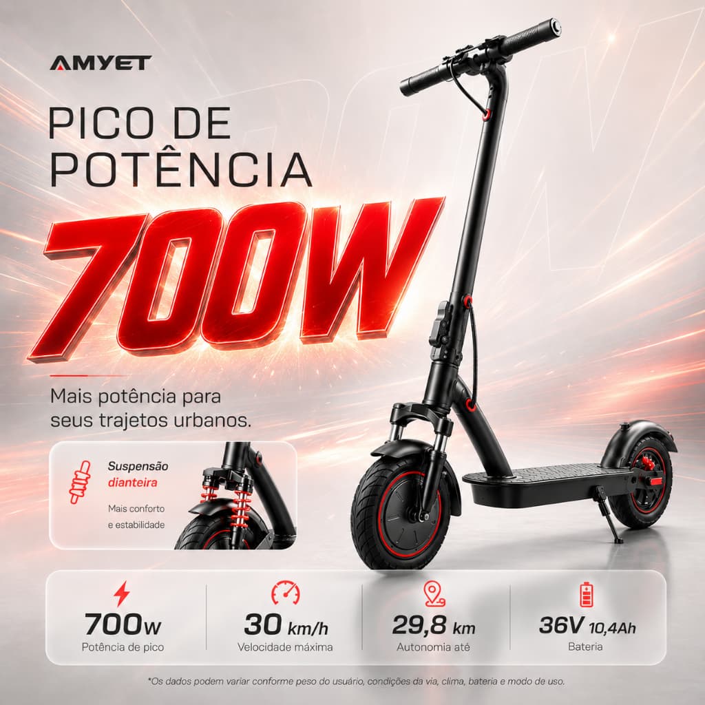 Patinete Elétrico Amyet F10 700W Dobrável Adulto Bateria 36V Com App Freio A Disco Até 25km/h