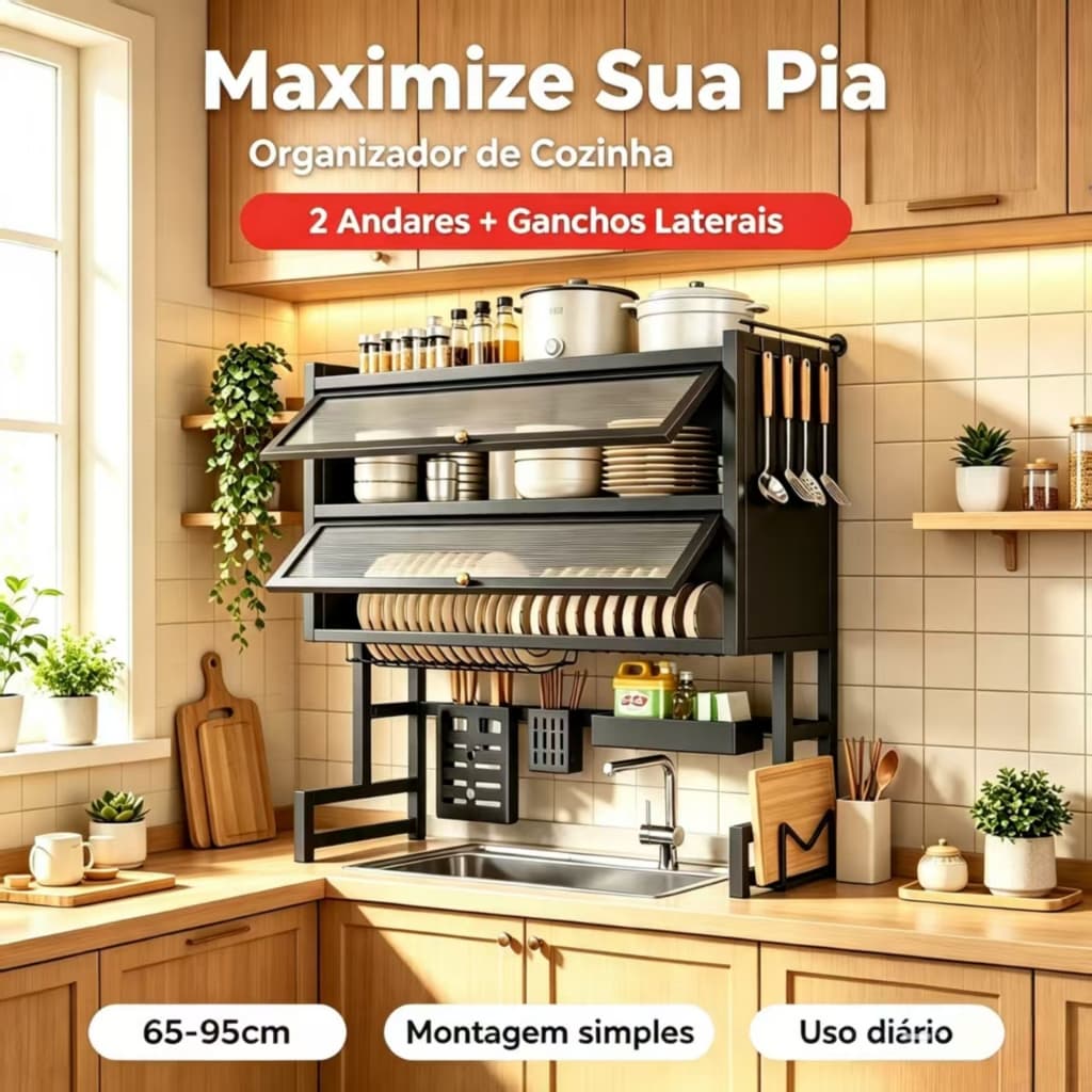 Suporte de Secagem de Louça-Aço Carbono Resistente I Modular Sobre Pia, Organizador de Armário Contra Poeira
