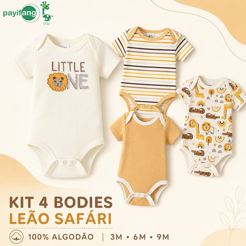 Kit 4 Bodies Bebê Menino Payifang Manga Curta 100% Algodão Estampa Leão Safari 3M 6M 9M