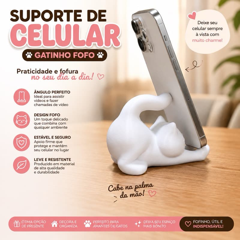 Suporte de Celular Gatinho Fofo | Porta Celular de Mesa | Organizador Decorativo