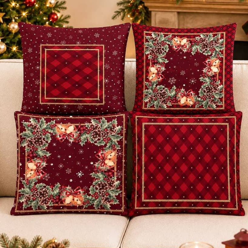 Kit 4 Capas de Almofada Natal 45x45 Decorativa Estampas Natalinas Zíper