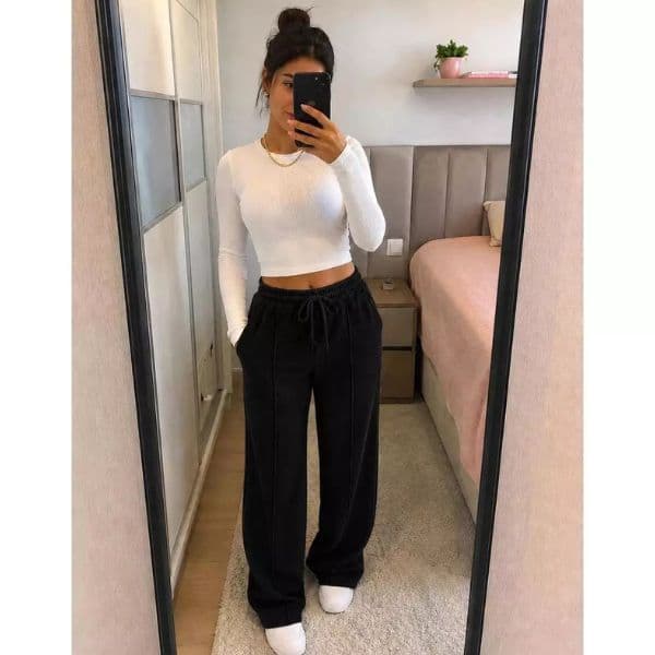Calça Pantalona Feminina Lanzinha Cintura Alta Com Bolso Inverno Confortável Casual
