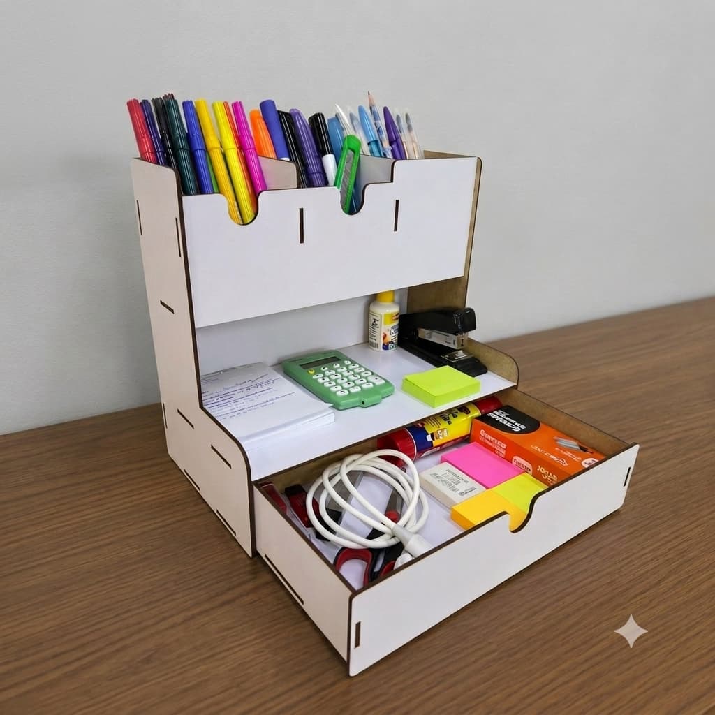 Organizador Mesa Escritório Infantil Pintura Porta Caneta Treco Lápis Pincel Calculadora Bloquinho Post It Marcador Mdf