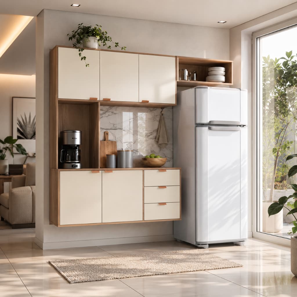 Armário Suspenso Cozinha Compacta Completa com 5 Portas e 3 Gavetas Mod: Callas Off White e Cinza Industrial Cobre