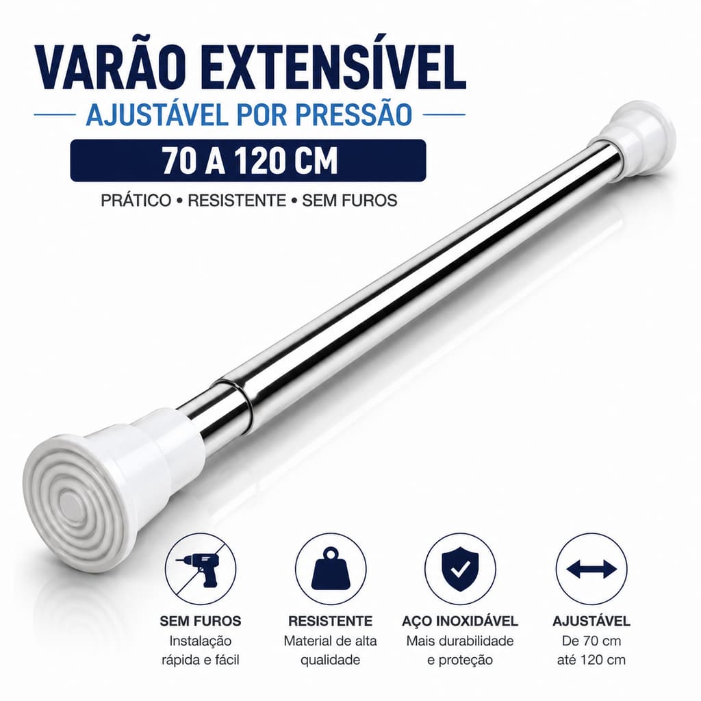 Varão Extensível 70 a 120cm Para Cortina Box Banheiro Sem Furo Ajustável Por Pressão Inox