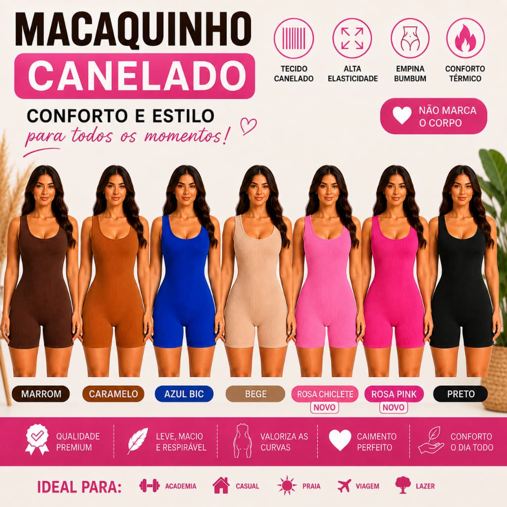 Macaquinho Feminino Canelado Empina Bumbum Modelador Academia Fitness Curto Sem Manga Casual M ao GG