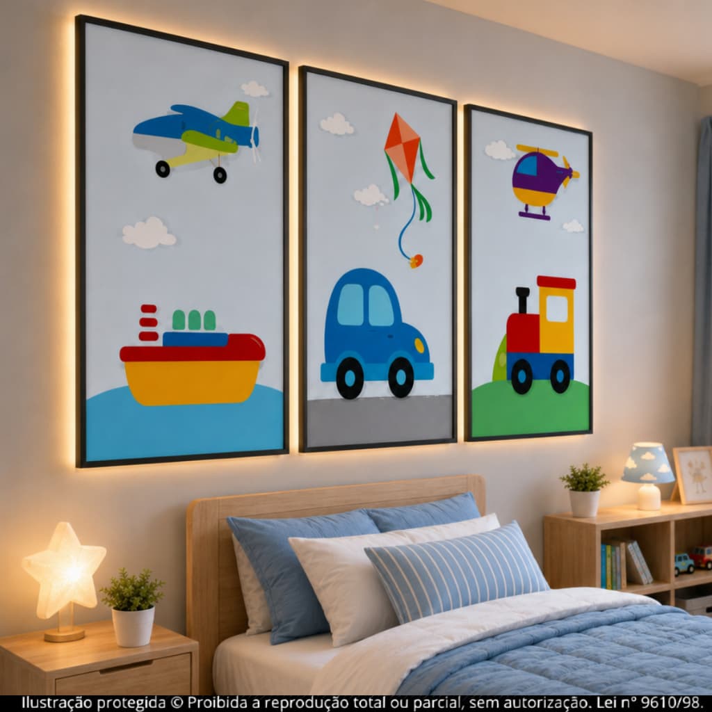 Kit Quadros Decorativos 3 Peças Infantil Meios de Transporte Avião Carro Trem Barco Quarto de Menino