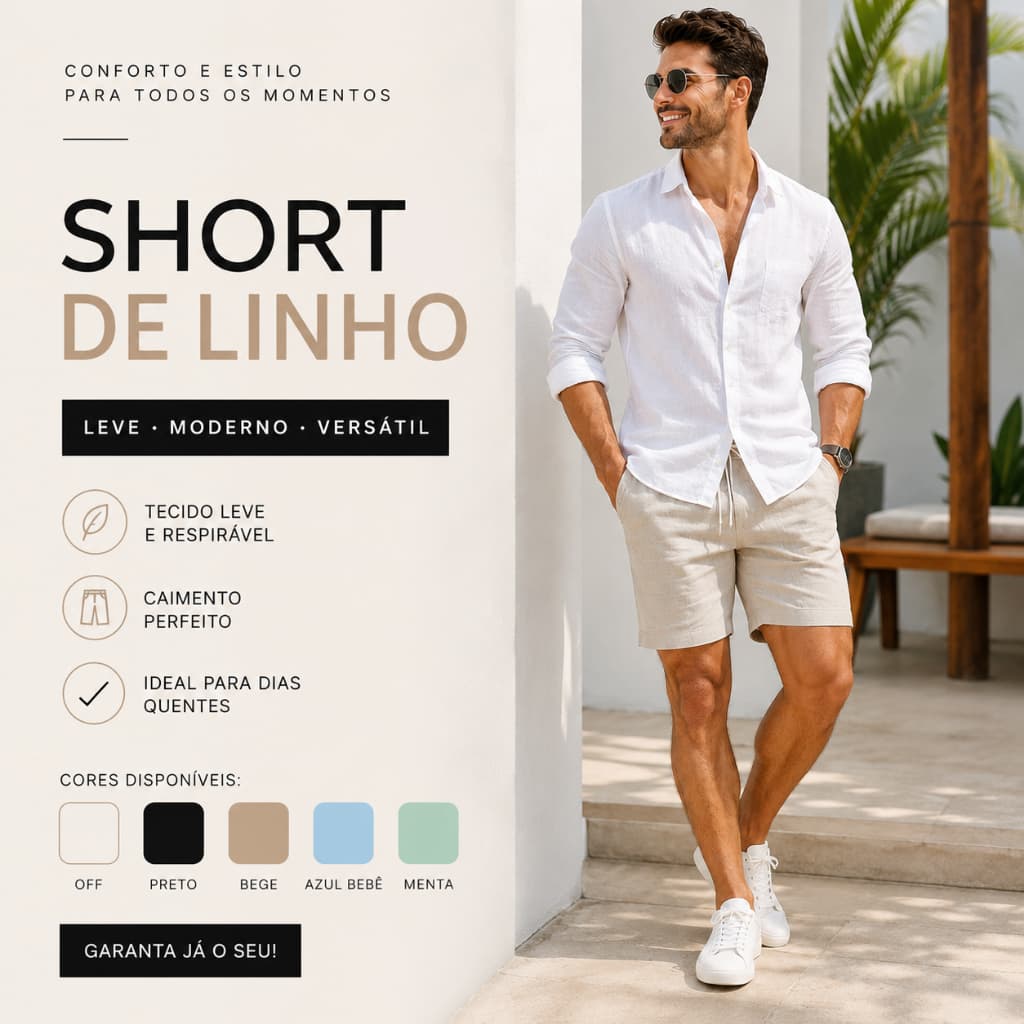 Short De Linho Masculino Básico Mauricinho Premium Lavado De Alta Qualidade Short Linho