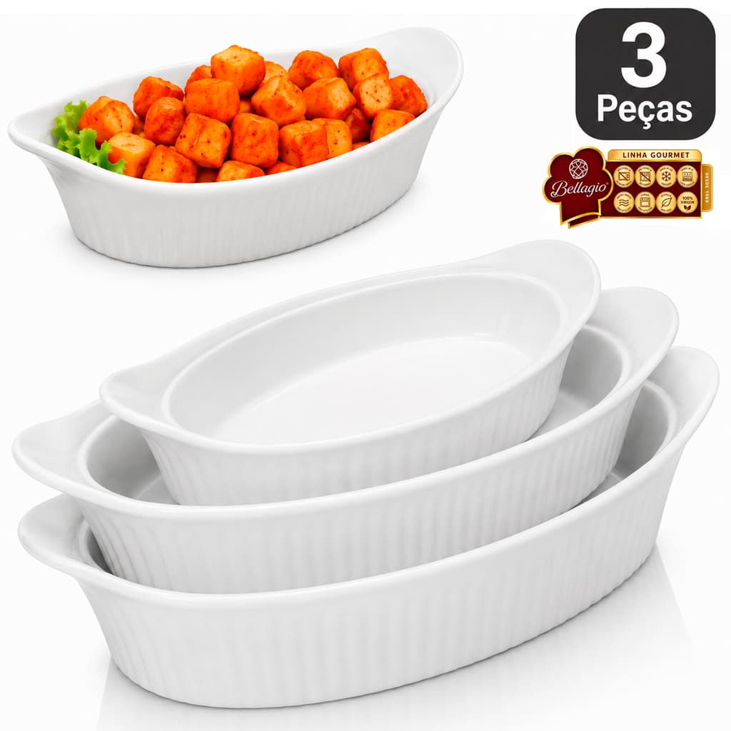 Conjunto Jogo de Forma 3 peças Travessas Oval em Melanina Belagio PMG Branca opaline