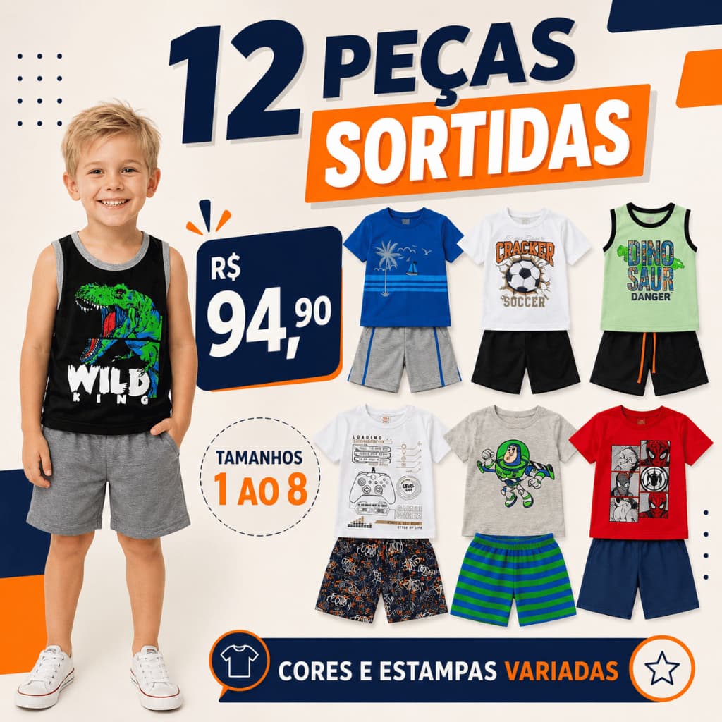 12 Peças Roupa Infantil Masculina Sortida 6 Conjuntos Camiseta e Bermuda Verão Menino Escolar Moletom