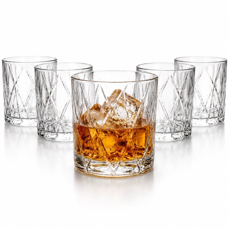 Jogo 6 Copos de Whisky 345ml Vidro Lapidado Premium Base Reforçada para Drinks