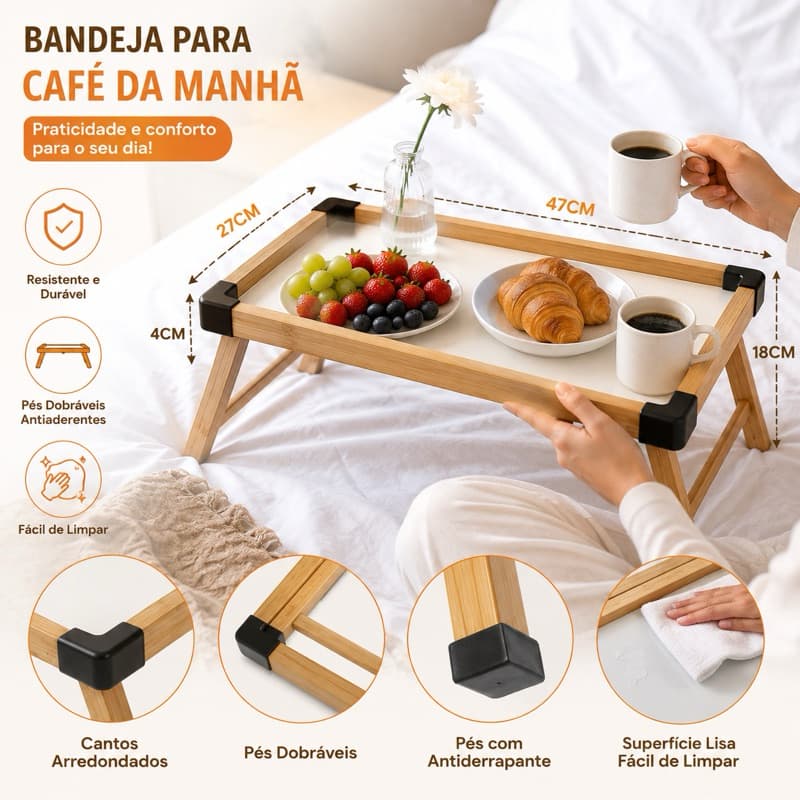 Mesa Bandeja Dobrável para Café da Manhã na Cama em Bambu | Suporte para Notebook, Refeições, Leitura e Home Office