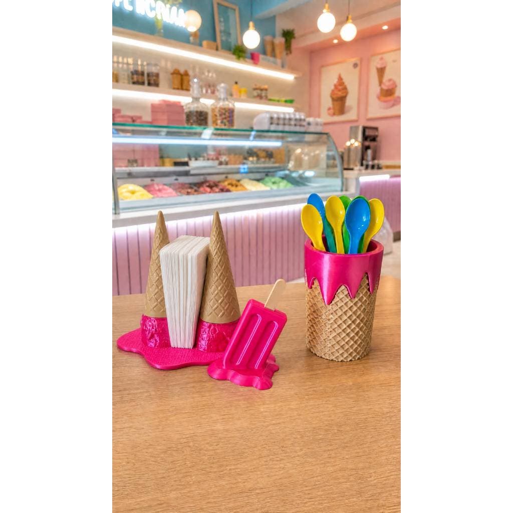 Kit Sorveteria Premium 3 Pç Porta Guardanapo Casquinha + Porta Talheres + Cabide Picolé | Decoração Gourmet Exclusiva