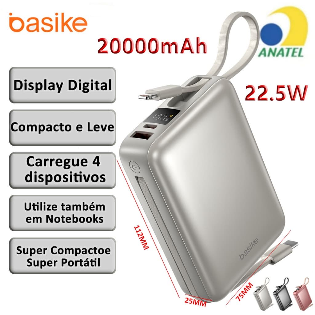 Basike Carregador Portátil Power Bank 20000mAh 22.5W Rápido Cabos Embutidos Tipo C iPhone Samsung