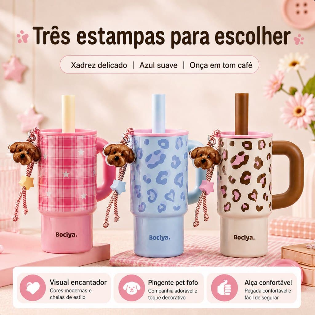 Copo Térmico Bociya 700ml, 3 estampas, inox 316/304, pingente cachorro, conserva temperatura 6h para uso diário