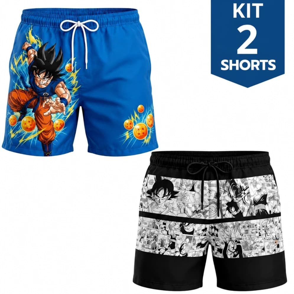 Kit 2 Shorts Tactel Estampado Anime Personagens Masculino Praia Academia P ao XG