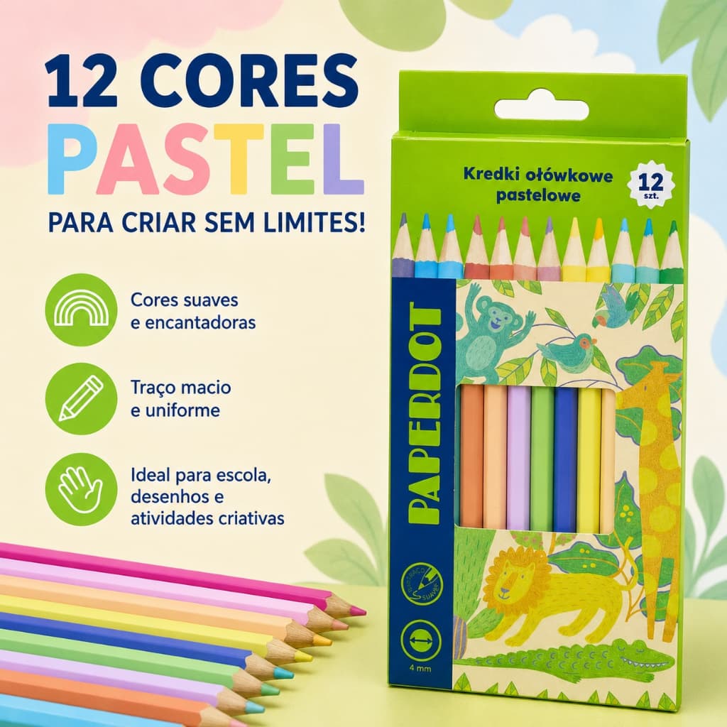 Lápis de Cor 12 Cores Pastel Tonalidade Suave Material Escolar Desenho