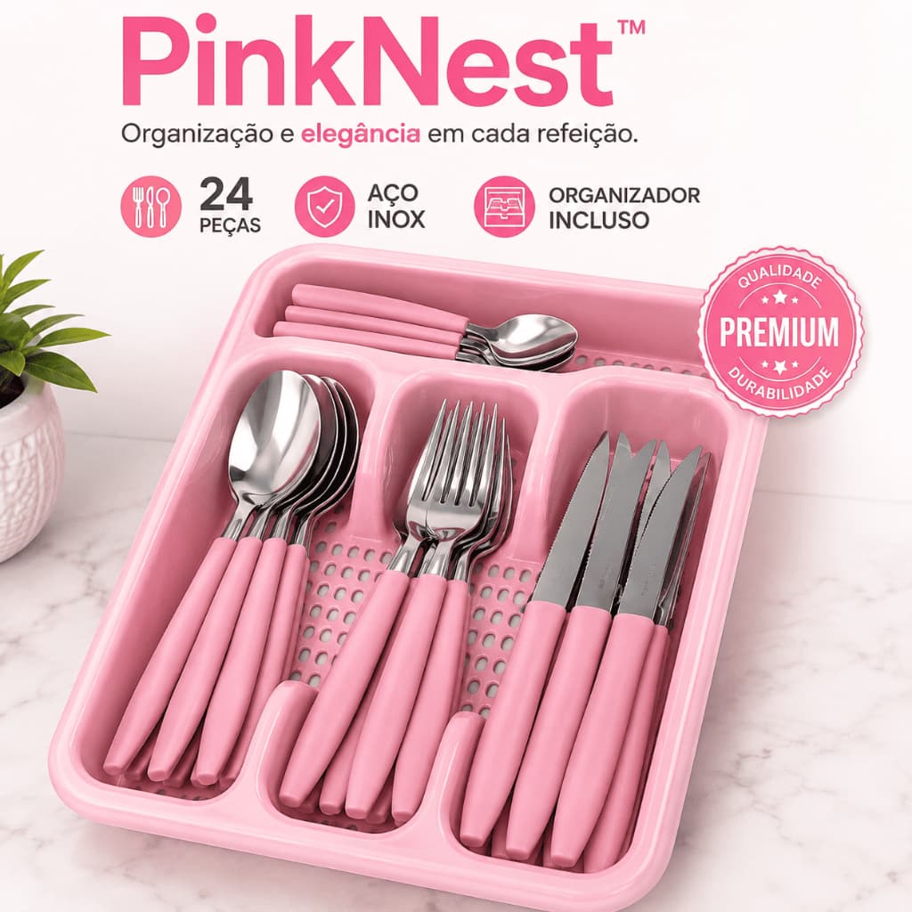 Jogo de Talheres 24 Peças Aço Inox com Organizador de Gaveta Rosa PinkNest™