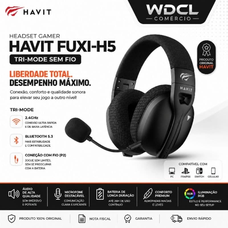 Headset Gamer Havit Fuxi H5 Sem Fio Tri-Mode Bluetooth 5.3 USB 2.4G P2 RGB Microfone Destacável Original