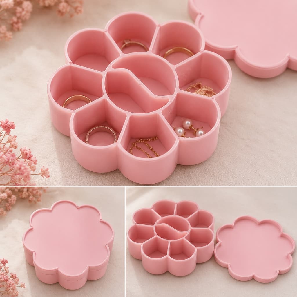 Porta Joias Flor Rosa com Tampa Organizador de Anéis Brincos Colares Bijuterias Decorativo