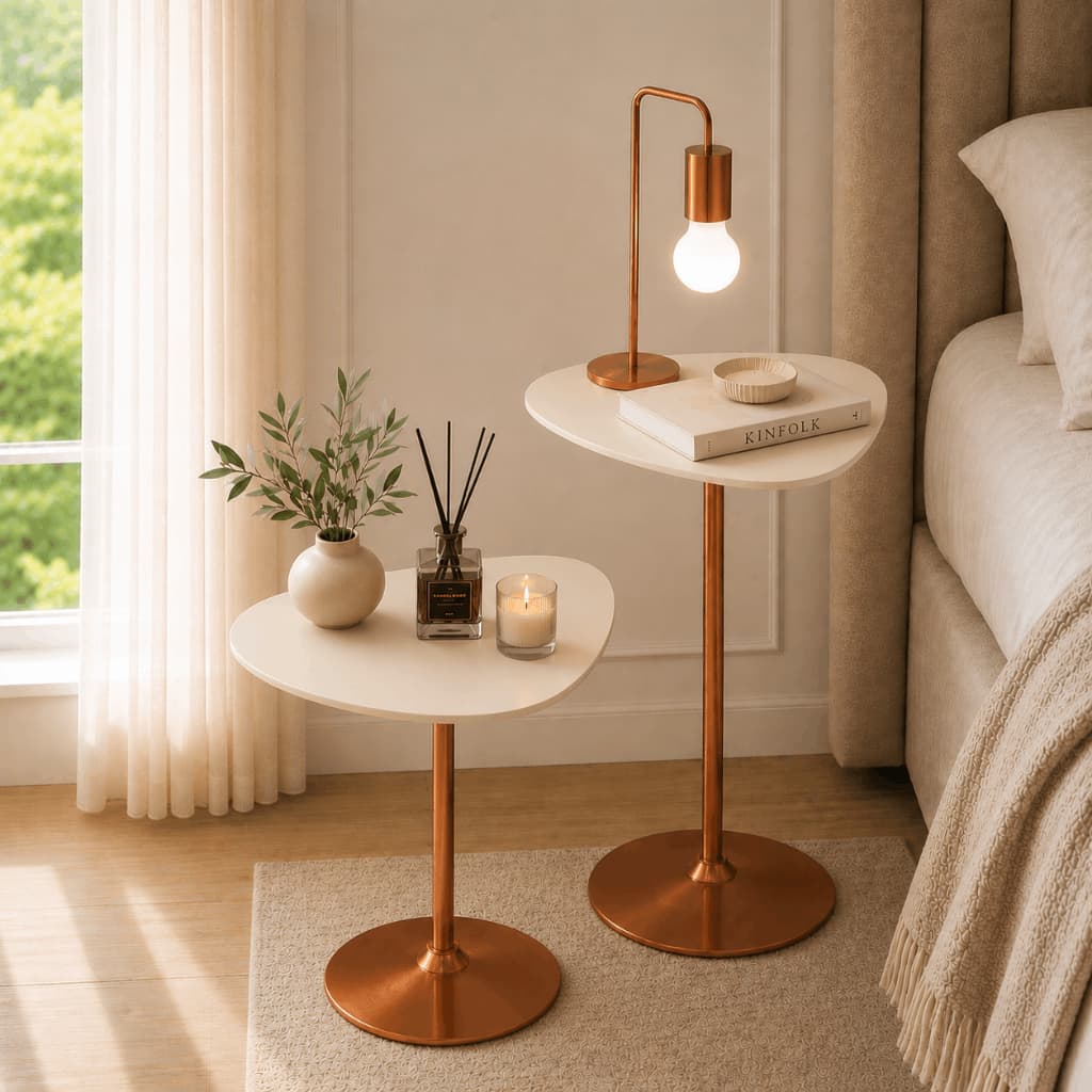 Conjunto 2 Mesas Laterais Orgânicas Mesa Cabeceira Quarto Sala Mesa Apoio Decorativa Cobre Rose Gold Industrial Moderna