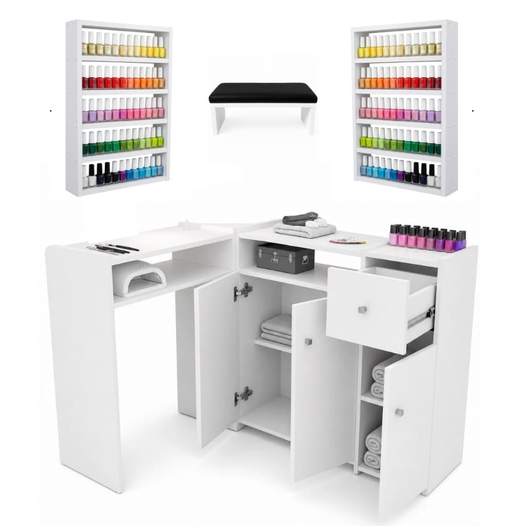 Kit Mesa Manicure Em L Gaveta Corrediça Grande Completa + 2 Esmalteiras Média + Apoio De Mãos Unhas