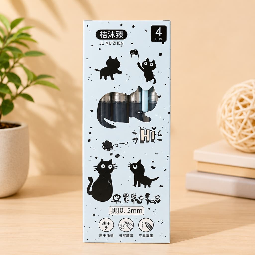 Kit 4 Canetas Gatinhos Kawaii 0,5mm | Tinta Preta