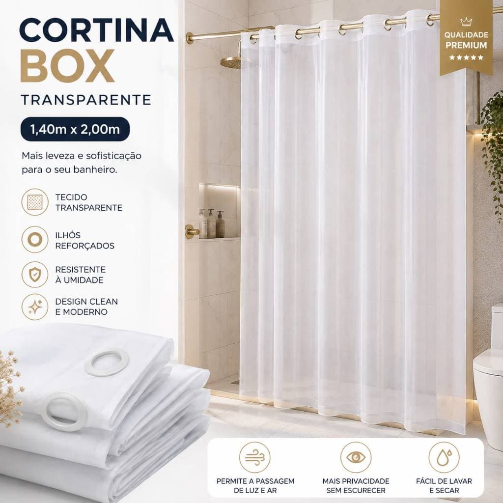 CURTINA BOX 1,40 X 2,00 ANTIMOFO TRANSPARENTE IMPERMEAVEL 01 PÇ COM ILHOS