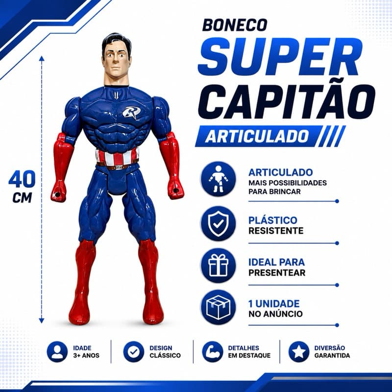 🛡️ Boneco Super Capitão Infantil – Brinquedo de Super-Herói com Articulações